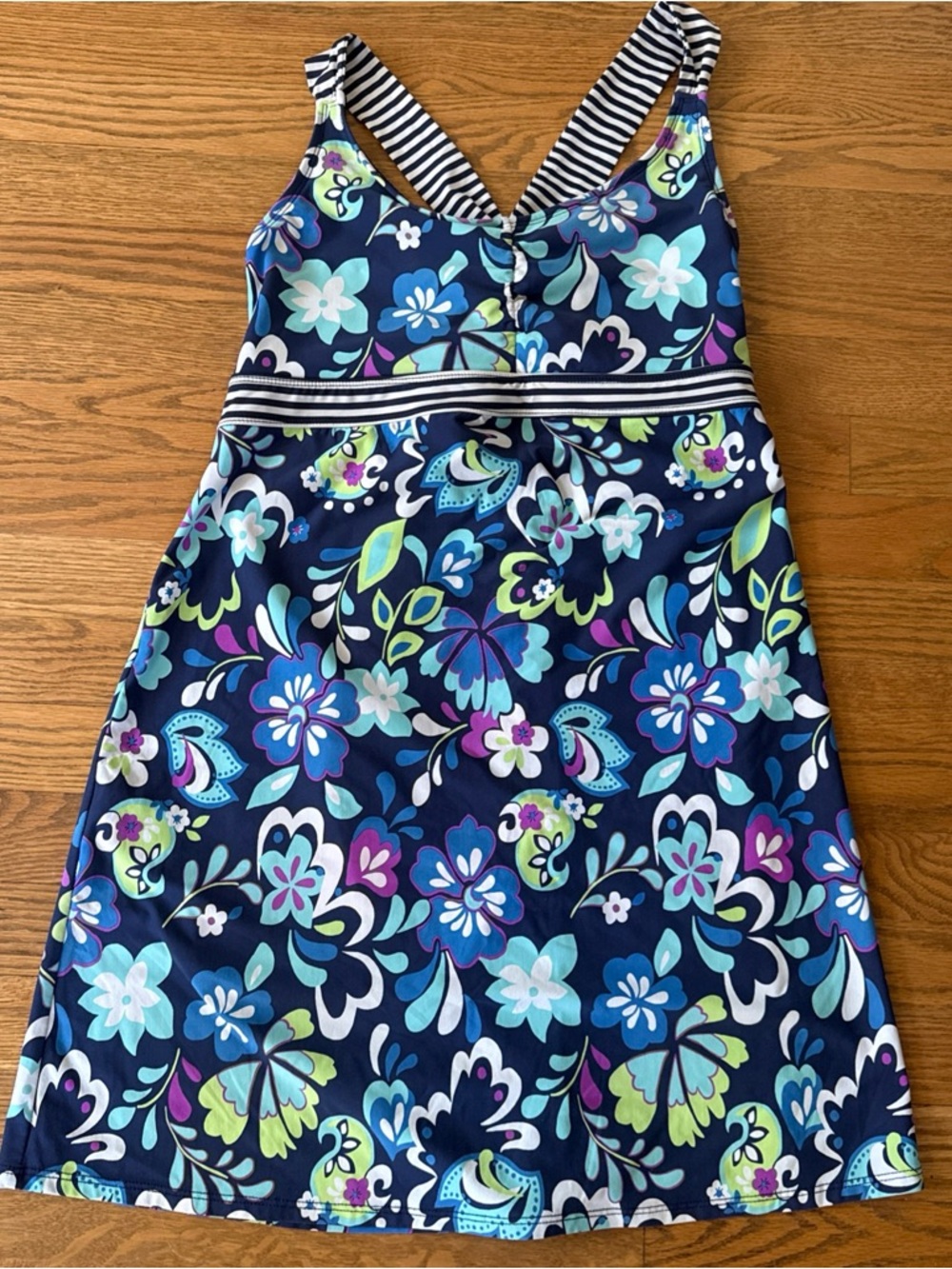 Title Nine Floral Sun Dress Womens Sz L Blue Sleeveless Stretch